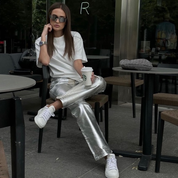 NWT ZARA METALLIC SILVER JEANS - Picture 3 of 14